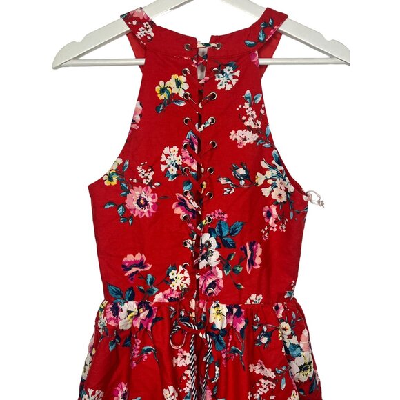 Trixxi Red Floral Fit & Flare Mini Sundress M Boho Stripe Hem Summer Casual - Picture 12 of 14
